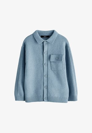 Cardigan en laine bleu clair avec col, boutons devant, poignets et bord côtes, et une poche à rabat boutonnée sur la poitrine gauche.