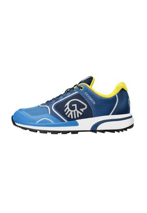 Blue athletic shoe featuring a mix of textured fabric and smooth panels, yellow accents around the collar, and a white midsole with a black tread.