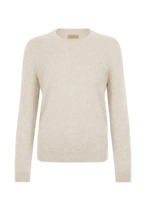 Beige rundhalsad tröja i mjukt tyg, med långa ärmar och en avslappnad passform. Texturerad yta med minimal detaljer.