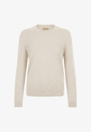 Beige crew-neck sweater lavet af et blødt stof, der har lange ærmer og en afslappet pasform. Teksturert overflade med minimal detaljer.