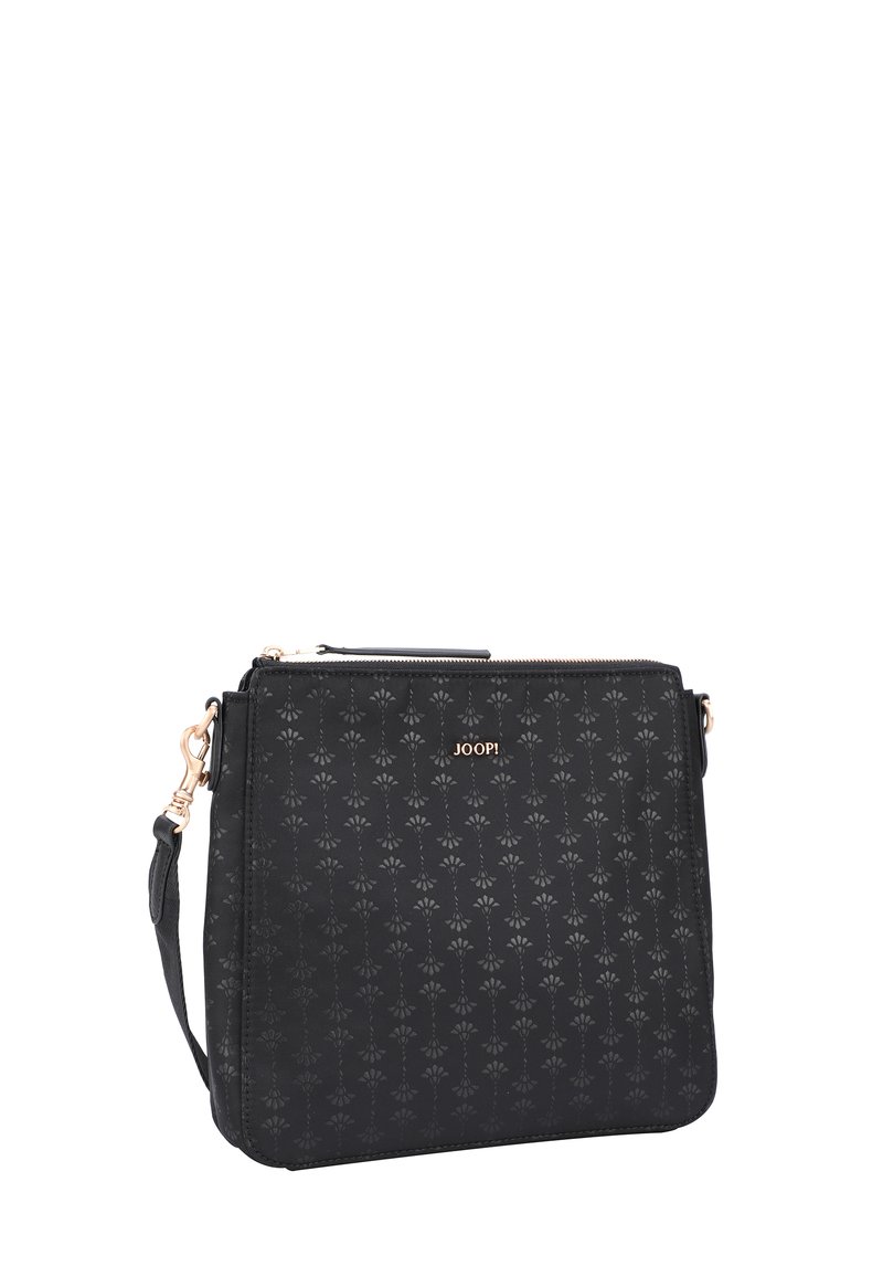 Borsa a tracolla nera realizzata in materiale testurizzato, con delicate fantasie floreali. L'hardware in tonalità oro e la chiusura con zip arricchiscono il suo design.