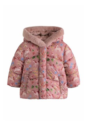 Pink polstret børnejakke med blomster-, enhjørninge-, kanin- og mariehøne-mønstre, med en blød hætte foret med plyss og forlommer.