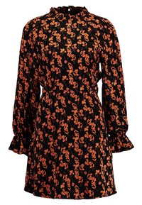 Svart klänning med orange blommönster över hela ytan, långa puffärmar med volangfåll och en gathered halsringning. Lättviktsmaterial.