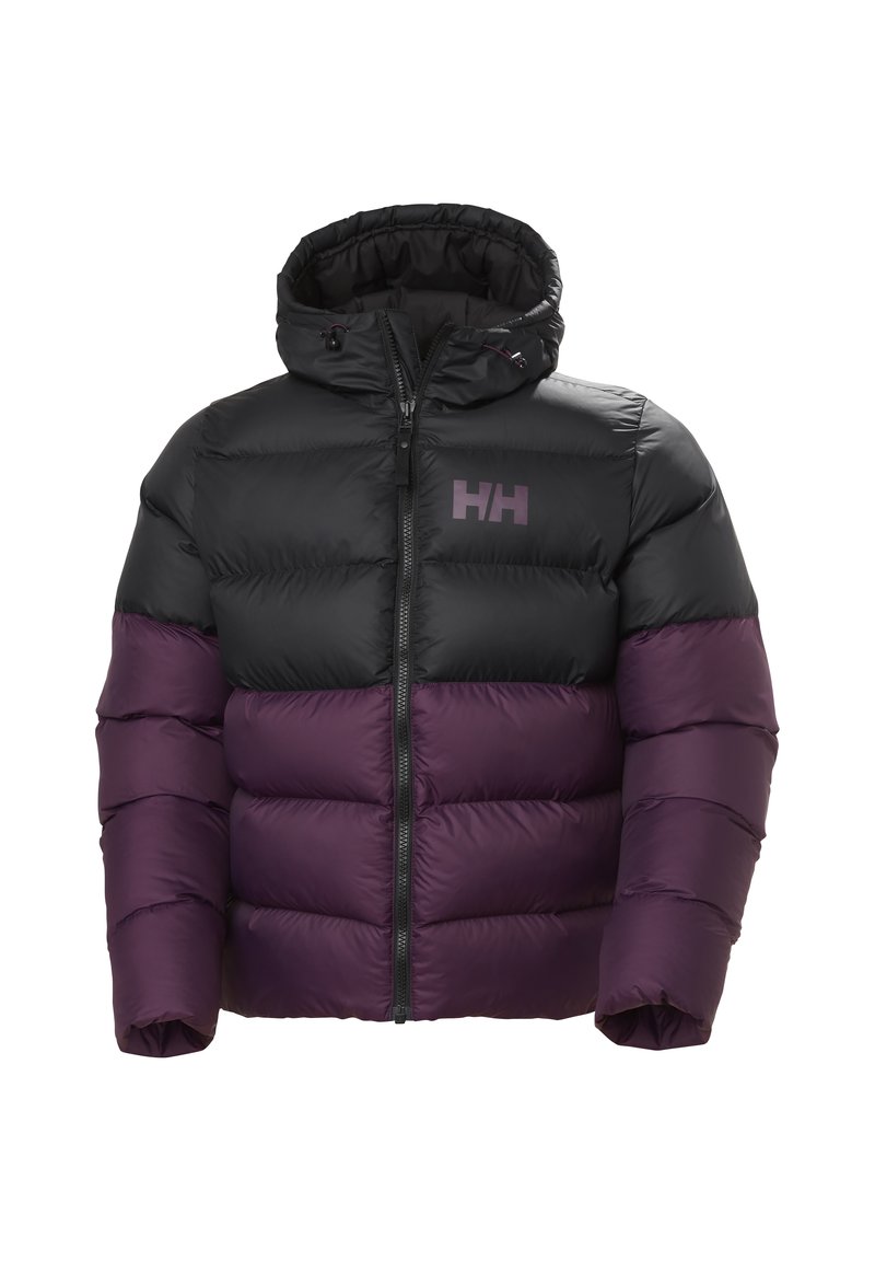 Chaqueta tipo plumón que presenta una parte superior negra y una sección inferior morada, capucha, cierre de cremallera y logotipo "HH". El material parece brillante con un diseño acolchado.