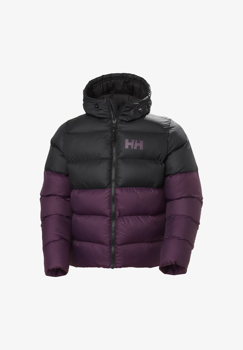 Chaqueta tipo plumón que presenta una parte superior negra y una sección inferior morada, capucha, cierre de cremallera y logotipo "HH". El material parece brillante con un diseño acolchado.