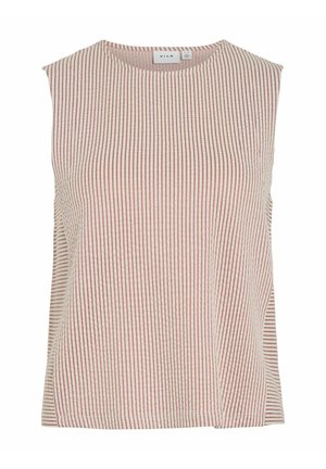 Haut beige sans manches avec fines rayures rouges verticales, encolure ronde et détail subtil d'ourlet asymétrique.