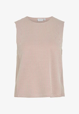 Brezrokavnik bež barve z navpičnimi tankimi rdečimi črtami, okrogel izrez in subtilni asimetrični detajl na spodnjem robu.