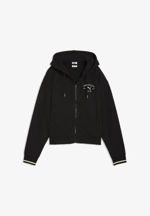Sudadera con capucha negra con cremallera, bolsillos frontales, capucha con cordón, logo blanco "Puma Athletics" en el pecho y puños a rayas en las mangas largas.