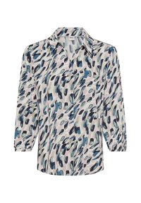 Texturierte Bluse mit einem Mix aus blauen, schwarzen und sanften rosa Pinselstrichmustern. Knopfverschluss mit klassischem Kragen und 3/4-Ärmeln.