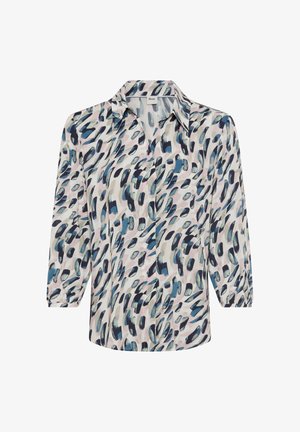 Texturierte Bluse mit einem Mix aus blauen, schwarzen und sanften rosa Pinselstrichmustern. Knopfverschluss mit klassischem Kragen und 3/4-Ärmeln.