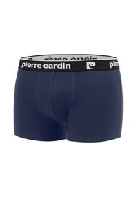 Boxer-briefs bleu marine en mélange de coton, dotés d'une ceinture élastique noire avec le logo "pierre cardin" en blanc. Design à coupe droite.