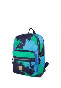 Rugzak met een mix van marineblauw, groen en turquoise kleuren. Kenmerkt zich door abstracte patronen, een voorste ritsvak en verstelbare schouderbanden.