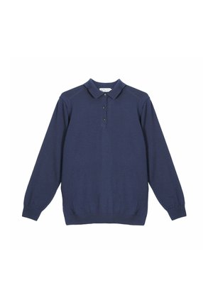 Polo manches longues bleu marine avec col à boutons et poignets et ourlet côtelés, étalé à plat sur un fond blanc.