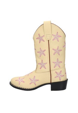 Cream cowboy boot with pink starfish embroidery, rounded toe, black sole, and low heel, viewed from the side.