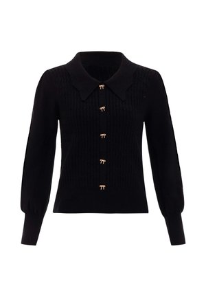 Zwarte lange mouwen gebreide cardigan met een textuurpatroon, brede kraag en vijf kleine gouden strikvormige knopen aan de voorkant.