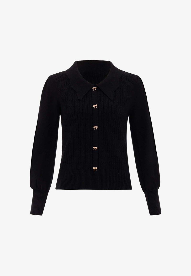 Black long-sleeve knit cardigan with textured pattern, wide collar, and five small gold bow-shaped buttons down the front.