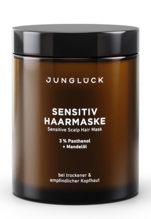 Braunes Glasgefäß der Jungluck Sensitive Scalp Haarmaske mit 3% Panthenol und Mandelöl für trockene und sensible Kopfhaut, schwarzer Deckel.
