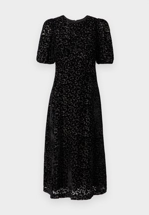 Musta midi-mekko, jossa on tekstuuri, lyhyet puff-hihat ja hillitty eläinkuoski. Pyöreä pääntie ja tiukka vartalo-osa.