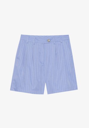 Svetlomodré šortky s vertikálnymi bielymi pruhmi, s gombíkovým zapínaním a dvoma prednými vreckami s plisovaním pre zvýraznenie textúry.