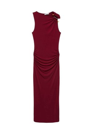 Burgundy sleeveless dress made from stretchy fabric, featuring ruching on the side and a decorative gold accent on the shoulder.