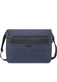 Borsa a tracolla navy realizzata in tessuto resistente con una superficie liscia, dotata di una cerniera e di una fascia in pelle sul davanti.