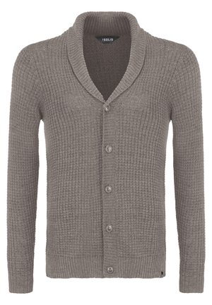 Szara dzianinowa kardigan z kołnierzem typu szal, prążkowaną teksturą i zapięciem na pięć guzików. Posiada długie rękawy oraz detal z etykietą po boku.