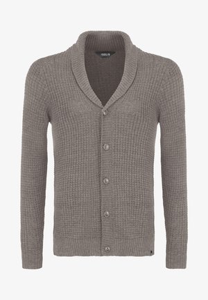 Grå strikket kardigan med sjalkrage, ribbestruktur og fem knapper. Har lange ermer og en sidesøm.