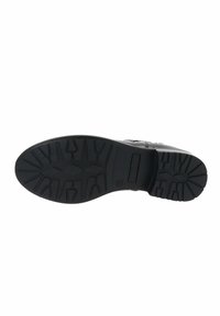 Suola di scarpa nera con motivo di battistrada testurizzato che include forme diamante e rettangolari, progettata per grip e durata.