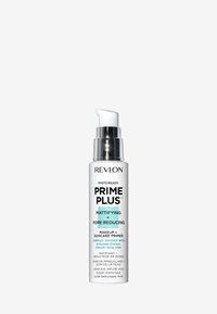 La base de maquillage Revlon Photoready Prime Plus dans un flacon blanc avec des accents argentés. Présente un embout pompe ; étiquetée pour matifier et réduire les pores.