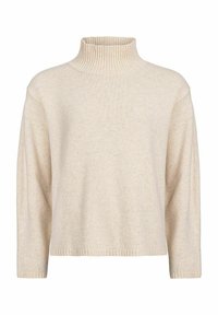 Beige Rollkragenpullover mit ribbeltem Kragen, überschnittenen Schultern und einer weichen, strukturierten Oberfläche. Lässiges Design mit entspanntem Sitz.