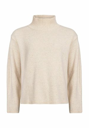 Beige Rollkragenpullover mit ribbeltem Kragen, überschnittenen Schultern und einer weichen, strukturierten Oberfläche. Lässiges Design mit entspanntem Sitz.