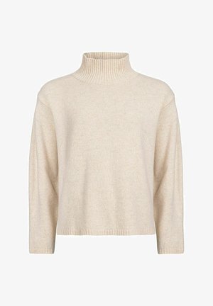 Beige korkeakauluksinen neule, jossa on ribbireunus, roikkuvat olkapäät ja pehmeä, teksturoitu pinta. Rentoa muotoilua rentolla istuvuudella.