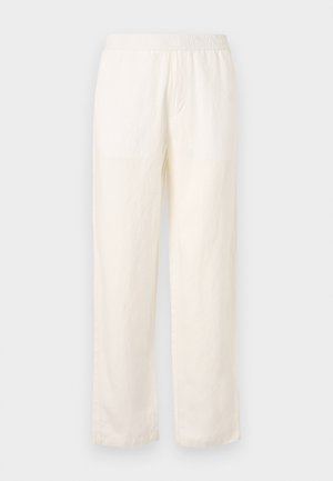 Kerged, kreemivärvi püksid elastse vöökoha, sirge jala disaini ja peene tekstuuriga. Ilma nähtavate taskuteta.