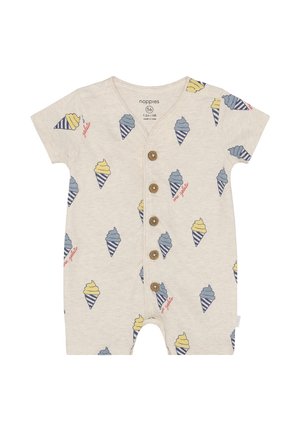 Kortemouwenromper in lichtbeige, met ijsjesschelpenpatronen in blauw en geel. Voorzien van vijf bruine knopen aan de voorkant.