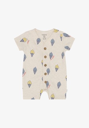 Kortemouwenromper in lichtbeige, met ijsjesschelpenpatronen in blauw en geel. Voorzien van vijf bruine knopen aan de voorkant.