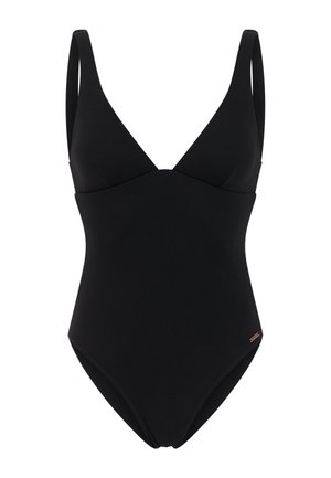 Maillot de bain une pièce noir avec tissu texturé, encolure en V, larges bretelles et petite étiquette métallique de la marque sur la hanche.