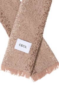 Vaaleanbeige huivi, joka on valmistettu teksturoidusta kankaasta ja jossa on hapsutettu reuna sekä valkoinen etiketti tekstillä "CECIL".