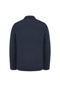 Granatowa puchowa kurtka o gładkim, tekstylnym wykończeniu, prostym kroju i klasycznym kołnierzu, w jednolitym kolorze bez widocznych ozdób.