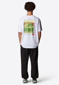 Valkoinen t-paita, jossa on värikäs graafinen kuva Kilimanjaron vuoresta selässä, sekä vaaleanvihreät, oranssit ja purppurat vaakaviivat.