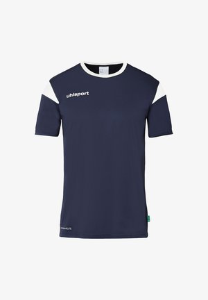 Marineblå kortærmet sports skjorte med hvide skulderdetaljer, rund halsudskæring og uhlsport-logo på forsiden. Fremstillet af letvægtsmateriale.