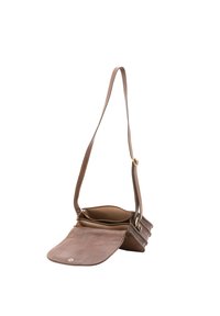 Borsa a tracolla in pelle marrone con pattina piatta, tracolla regolabile e due scomparti interni. Texture liscia con dettagli in metallo dorato.