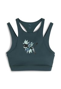 Sostén deportivo en color verde azulado con un diseño de espalda de nadadora. Presenta un gráfico floral en tonos de verde y azul apagado. Está hecho de un material elástico que absorbe la humedad.