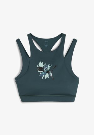 Soutien-gorge de sport en teal avec un design dos nageur. Présente un motif floral dans des teintes vertes et bleues atténuées. Fabriqué en matériau extensible et évacuant l'humidité.
