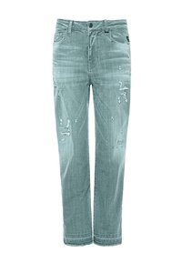 Jeans aqua deslavado con un diseño de pierna recta, detalles desgastados, bolsillos frontales y cierre de botón. Tela de denim con una textura suave.