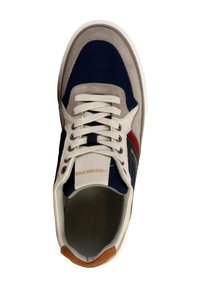 Men's sneakers with a navy mesh upper, tan suede accents, white laces, and a rubber sole. "Reebok" logo in gold on the tongue.