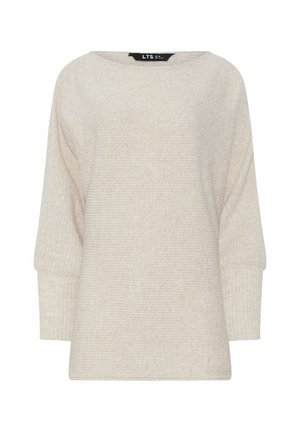 Jasno beżowy sweter z szerokim dekoltem łódka, długimi rękawami i prążkowaną teksturą. Miękka tkanina, luźny krój i minimalistyczny design.