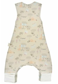 Beiger Baumwoll-Schlafsack mit Tier- und Pflanzenmustern, der Giraffen, Elefanten und Löwen zeigt; mit einem weißen Akzent am unteren Rand.