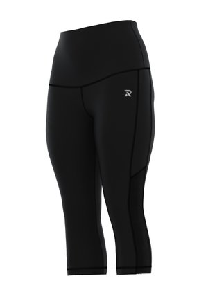 Black athletic leggings with a high waistband, seamless design, and mesh panel accents. Made of stretchy material for comfort and movement.