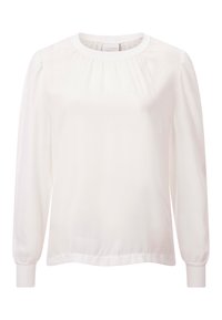 Hvid langærmet bluse med rund halsudskæring, samlede stofdetaljer ved skuldrene og tætsiddende manchetter. Glat, letvægtsstof.