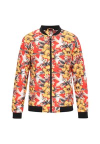 Giacca bomber rossa con motivo floreale giallo e foglie verdi. Presenta colletto, polsini e vita neri. Chiusura con zip completa frontale.